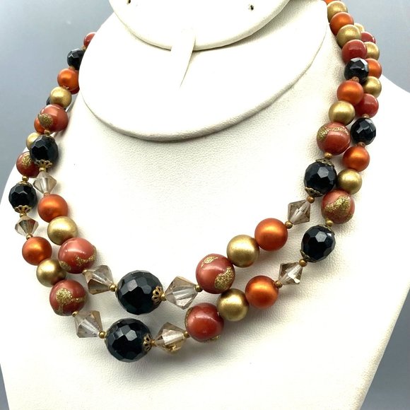 Shimmering Orange Moonglow Necklace with Golden and Black Glass Beads, Elegant - Picture 3 of 4